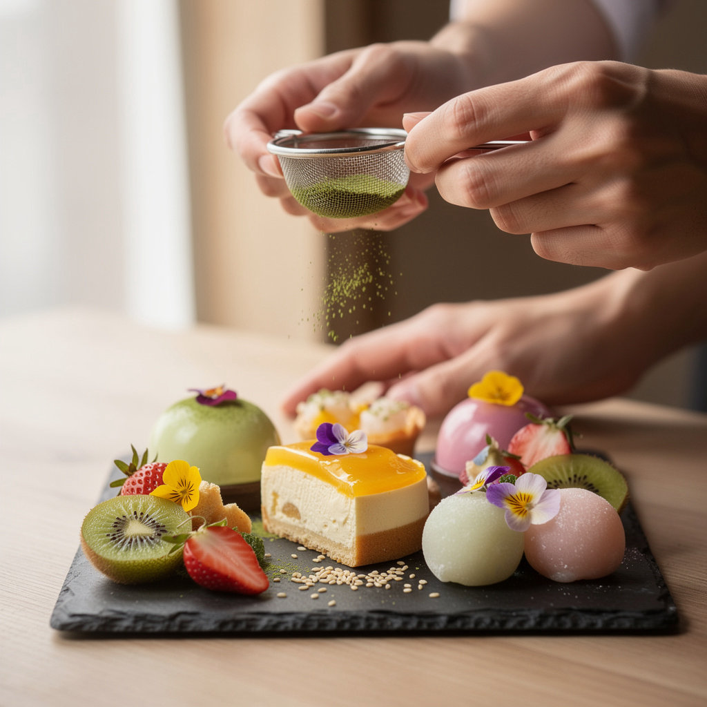 Apple U seasonal Asian fusion desserts - Yuzu cheesecake, sesame chocolate tart, matcha miso éclair